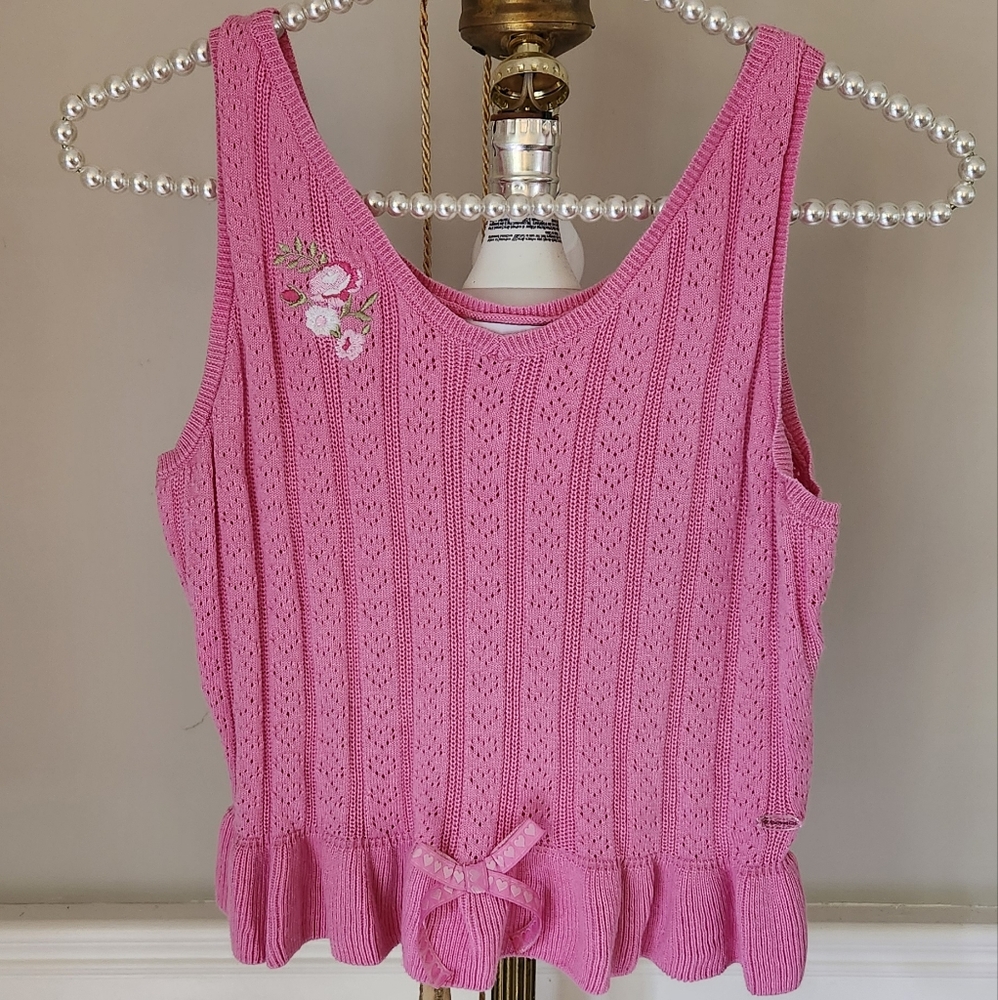 GirlsPink Knit Sleeveless Top with Floral Embroidery